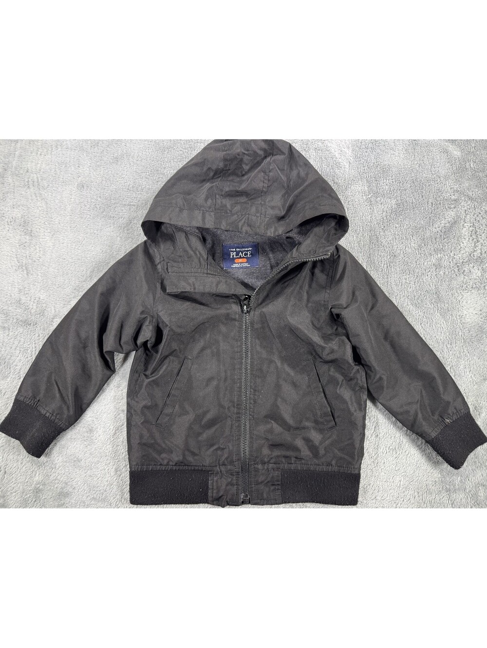 The Children's Place Black Hooded Zip-Up Windbreaker Jacket Ribbed Cuffs Hem 3T
